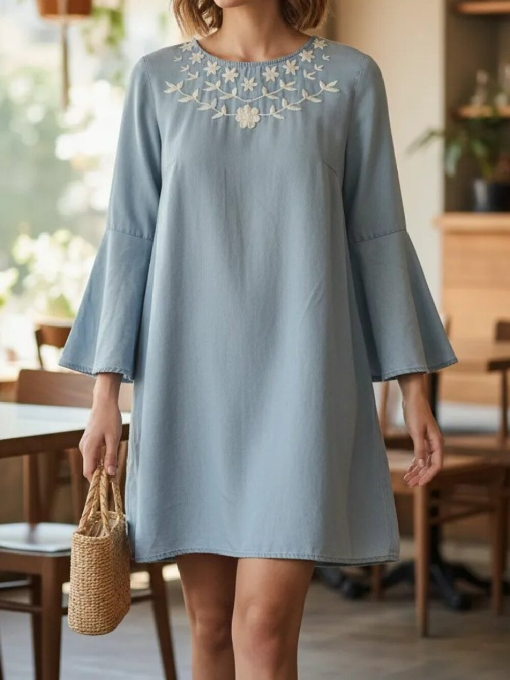 Retro Boho Chambray Denim Embroidered Floral Swing Dress with Bell-Sleeves